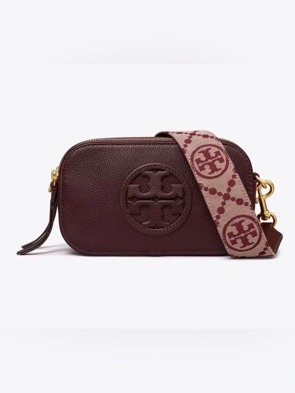 Tory Burch Pebbled Leather Crossbody in Burgundy with Patterned Strap
